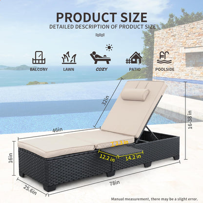 WAROOM Outdoor Chaise Lounge Chairs for Outside Patio Furniture Set of 2 Wicker Recliner Black Rattan Sunbathing Lounger Adjustable Backrest Pool Reclining Chair, Khaki Cushion