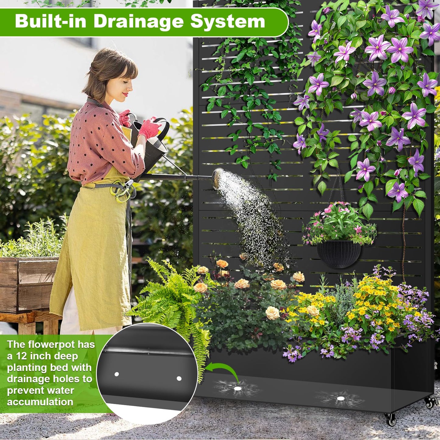 Meyoppm 72"x47"x16" Metal Planter Box with Trellis, Galvanized Steel Raised Garden Bed with Lockable Casters & Drainage Holes, Outdoor Large Planter Box for Climbing Plants, Vegetables & Flowers