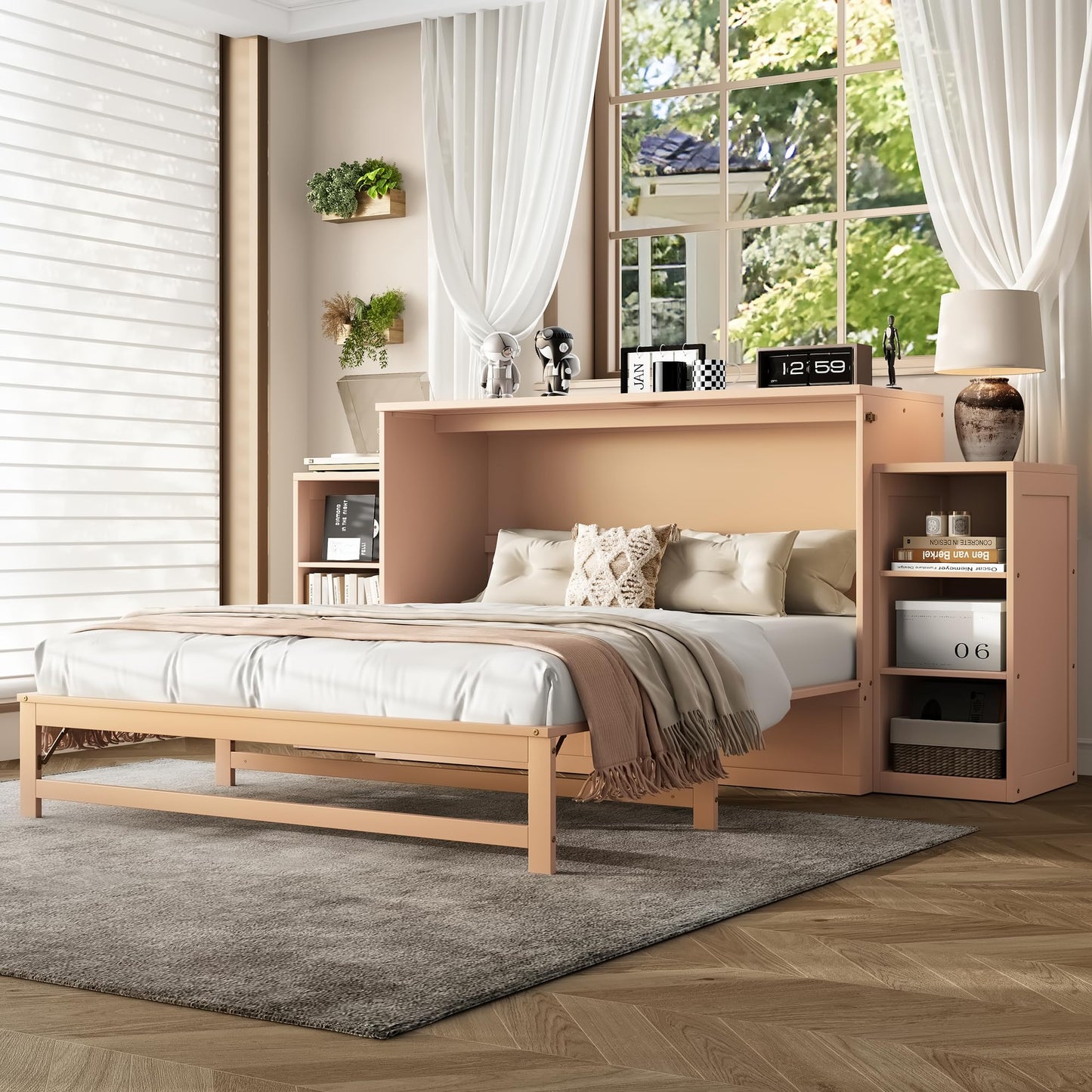 DNYN Pine Wood Murphy Bed Cabinet with Dual Multi-Layers Shelves and 2 Storage Drawers for Guest Room/Home Office, Space-Saving Foldable Bed Frame, No Box Spring Needed