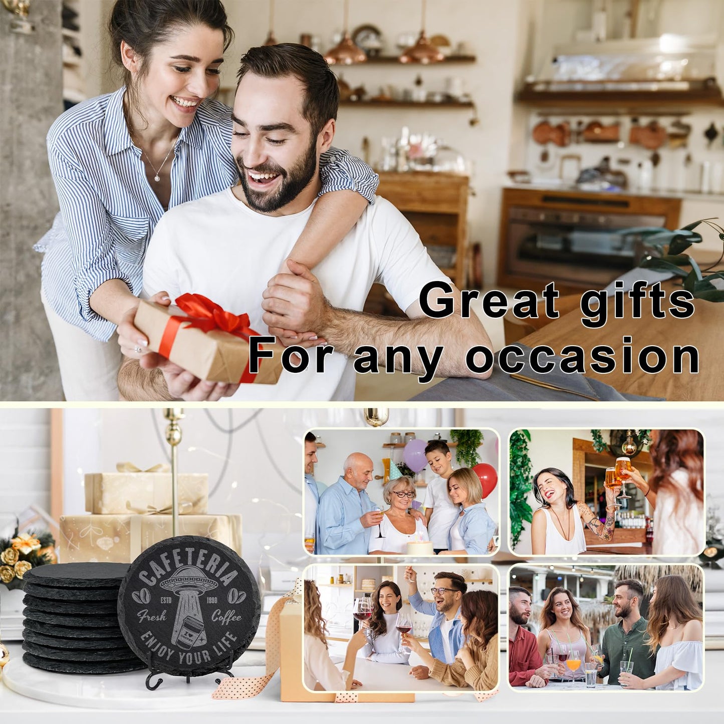 48 PCS Slate Coasters Bulk, MAPRIAL Laser Engraving Blanks Material for Engraver, 4 Inch 24 PCS Natural Square, 24 PCS Round Black Stone Coasters for Drinks, Gifts, Wedding Party, Decor, Christmas