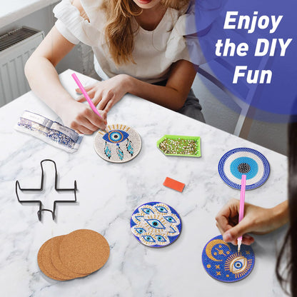 Cheriswelry 8Pcs Evil Eye Diamond Painting Coasters Set Bohemia Style Art Painting Coasters with Holder 5D DIY Diamond Painting Drink Mat Kits for Beginners Adults Kids DIY Coasters