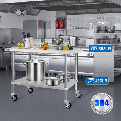 HARDURA Stainless Steel Table with Wheels 30 x 48 Inches Kitchen Prep Table Heavy Duty Stainless Steel Workbench with Aluminium Corner Undershelf NSF 304 Metel Table for Commercial Restaurant