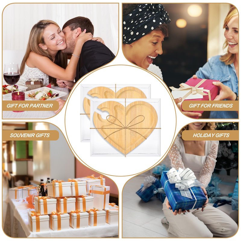 Menkxi 12 Set Wine Appetizer Plates Mini Charcuterie Boards with Wine Glass Holder and Box Gifts for Bridal Shower Game Prizes Wooden Cocktail Cheese Plate for Guests Baby Shower(Heart,Light Color)