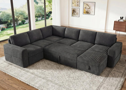 HONBAY Modular Sectional Sleeper Sofa with Pull Out Bed,Corduroy U Shaped Couch with Storage, Sectional Couches for Living Room,Dark Grey