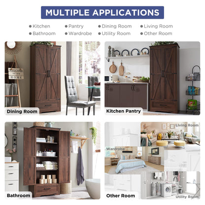 JXQTLINGMU Farmhouse Kitchen Pantry Cabinet - 72" Tall Wood Kitchen Storage Cabinets with Adjustable Shelves & 2 Barn Doors & Drawer, Versatile Storage for Dining Room, Bathroom, Rustic Brown