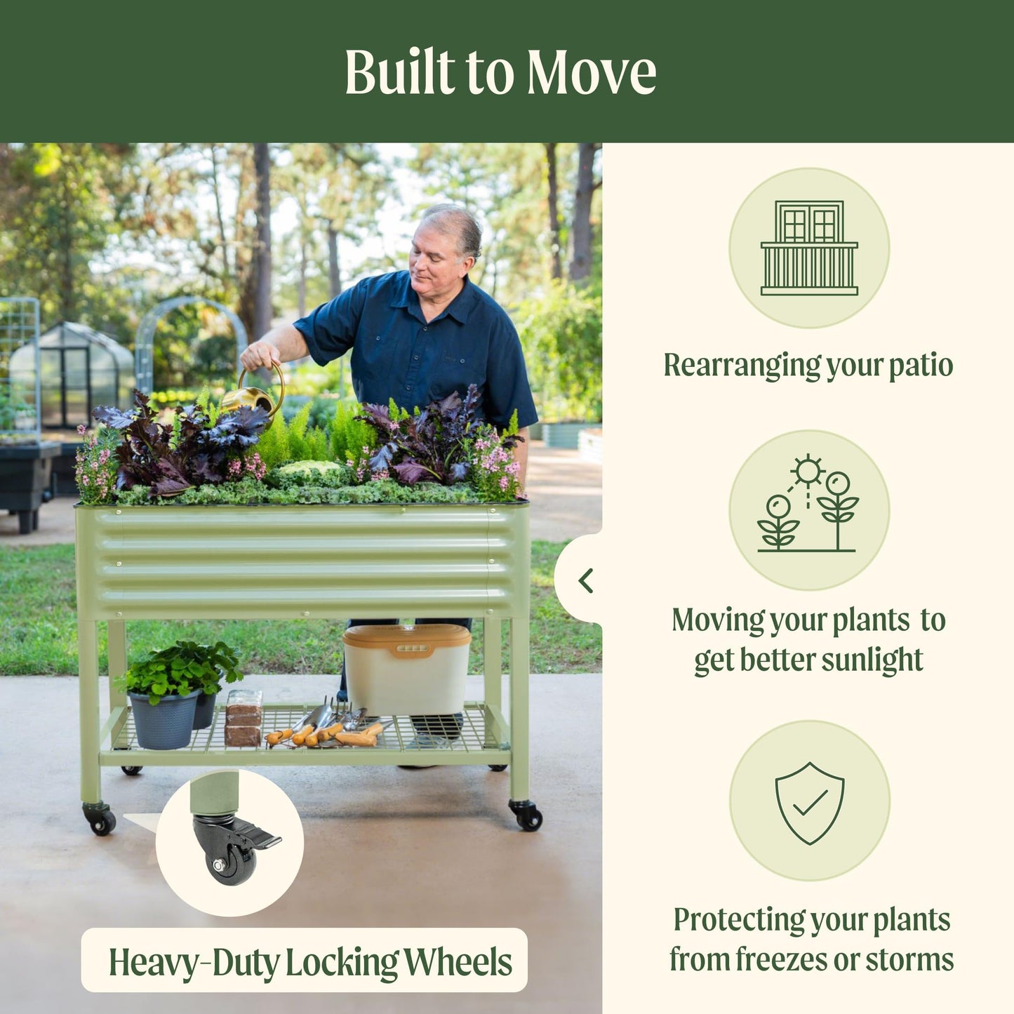 Rolling Elevated Raised Garden Bed-V Series, 2' x 8' Garden Beds with Legs & Storage Rack for Patio & Porch, 1400 Lbs Weight Capacity, Outdoor Planter Box for Vegetables Flower Herbs, Olive Green