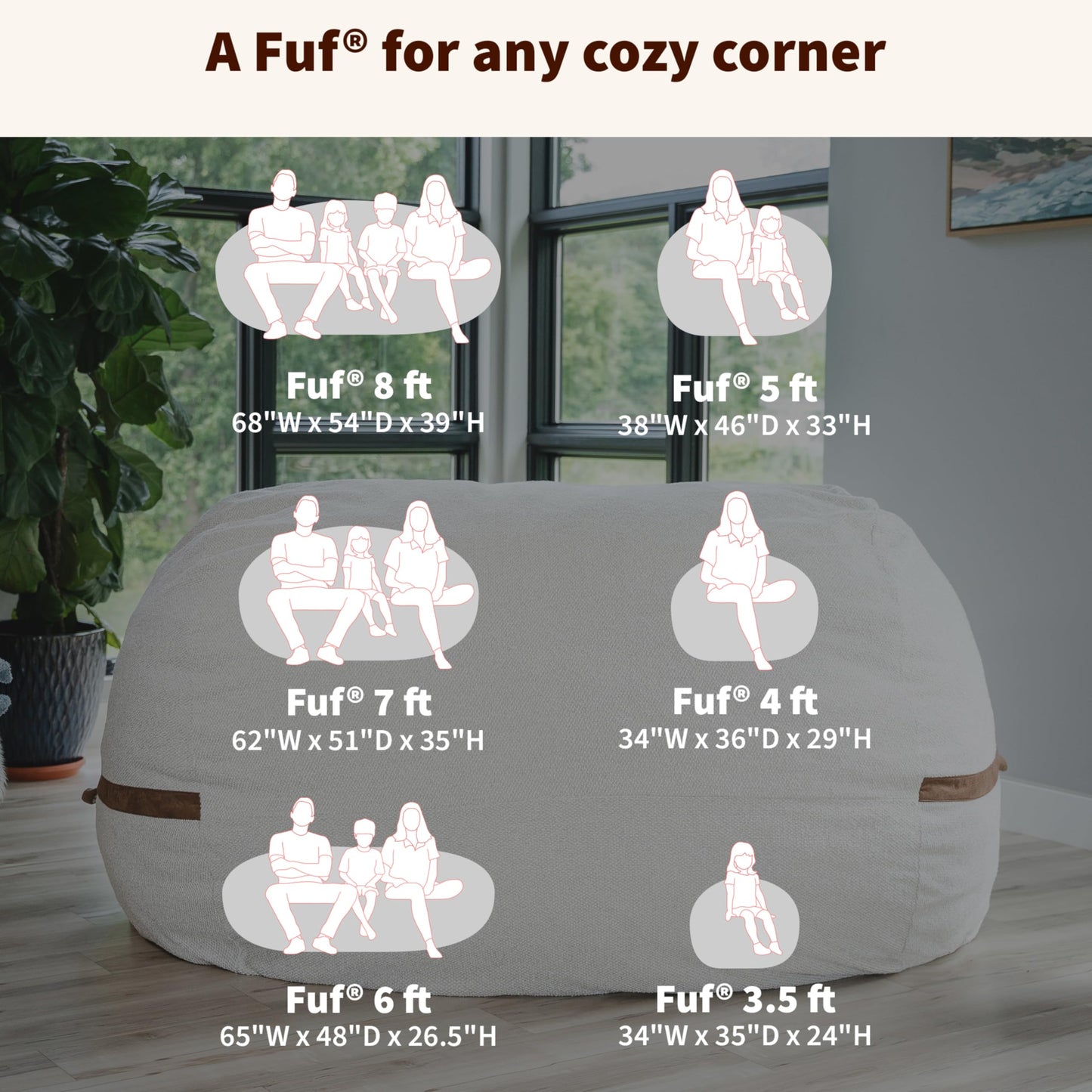 Big Joe Fuf 7Ft Giant Foam Bean Bag Chair, Oversized Couch with Removable Cover for Kids, Teens, Adults, Vanilla Latte Corded Plush, 7 Foot