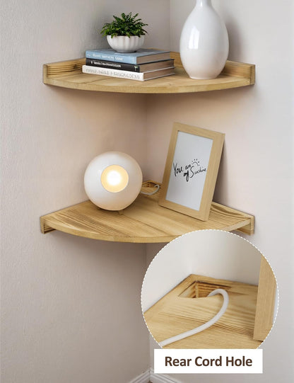 12x12 Inch Corner Shelves Wall Mount, Farmhouse Rustic Corner Floating Shelf with Cord Hole, Wooden Storage Organizer