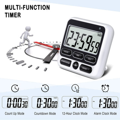 KTKUDY Digital Kitchen Timer with Mute/Loud Alarm Switch ON/Off Switch, 12-Hour Clock & Alarm, Memory Function Count Up & Count Down for Kids Teachers Cooking, Large LCD Display, Strong Magnet (Black)