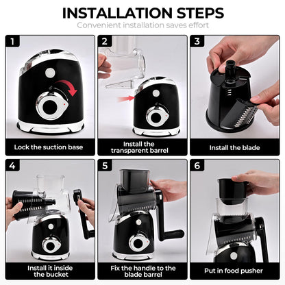SUSTEAS Rotary Cheese Grater with Handle,Vegetable Slicer with 6 Interchangeable Blades, Reinforced Suction,Easy to Clean,Kitchen Shredder for Crushed Ice,Fruits and Nuts with Blade Storage Case,Black