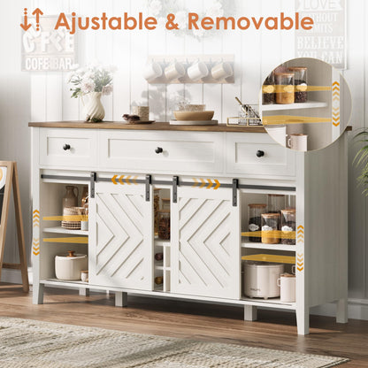 IDEALHOUSE 59'' Farmhouse Buffet Cabinet with Sliding Barn Door, 33.4'' Tall Wood Rustic Sideboard with 3 Drawer, Adjustable Shelf and Removable Wine Rack for Dining Room, Kitchen, White