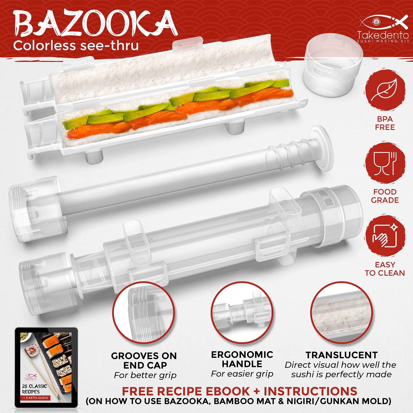 Takedento DIY Sushi Making Kit for Beginners – Transparent Sushi Bazooka – Food Grade Safe– Traditional Bamboo Sushi Rolling Mats – 23 Piece All You Need Sushi Making Kit