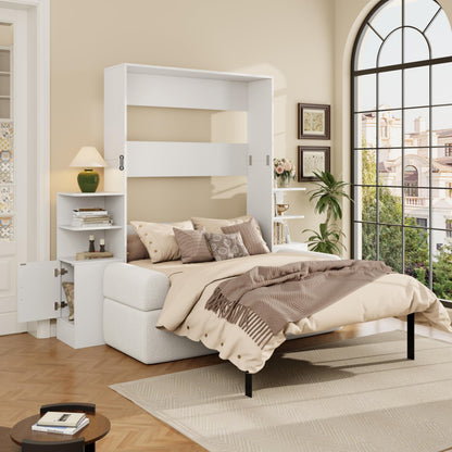 Ball & Cast Murphy Bed Full Size Murphy Beds with Sofa and Storage Cabinets,Wood Wall Hideaway w/Slat Support,can be Folded,Space-Saving,for Small Room,Dorms,White