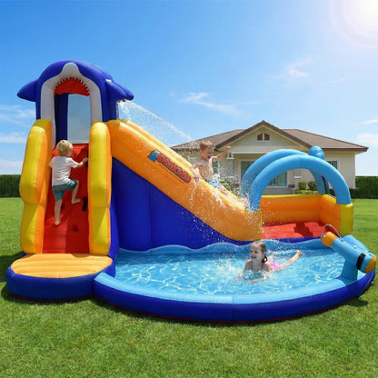OLAKIDS Inflatable Water Slides, Shark Theme 14FT x 10FT x 8.5FT Bouncy House with Slide, Splash Pool, Climbing Wall, Water Gun, Outdoor Jumping Castle with Hose, Carry Bag, Stakes