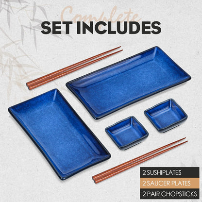 uniidea Ceramic Sushi Serving Tray Sets 2, 6 Pieces Japanese Style Porcelain Sushi Plate Set with Soy Sauce Dishes, Bamboo Chopsticks Housewarming Gift, Blue