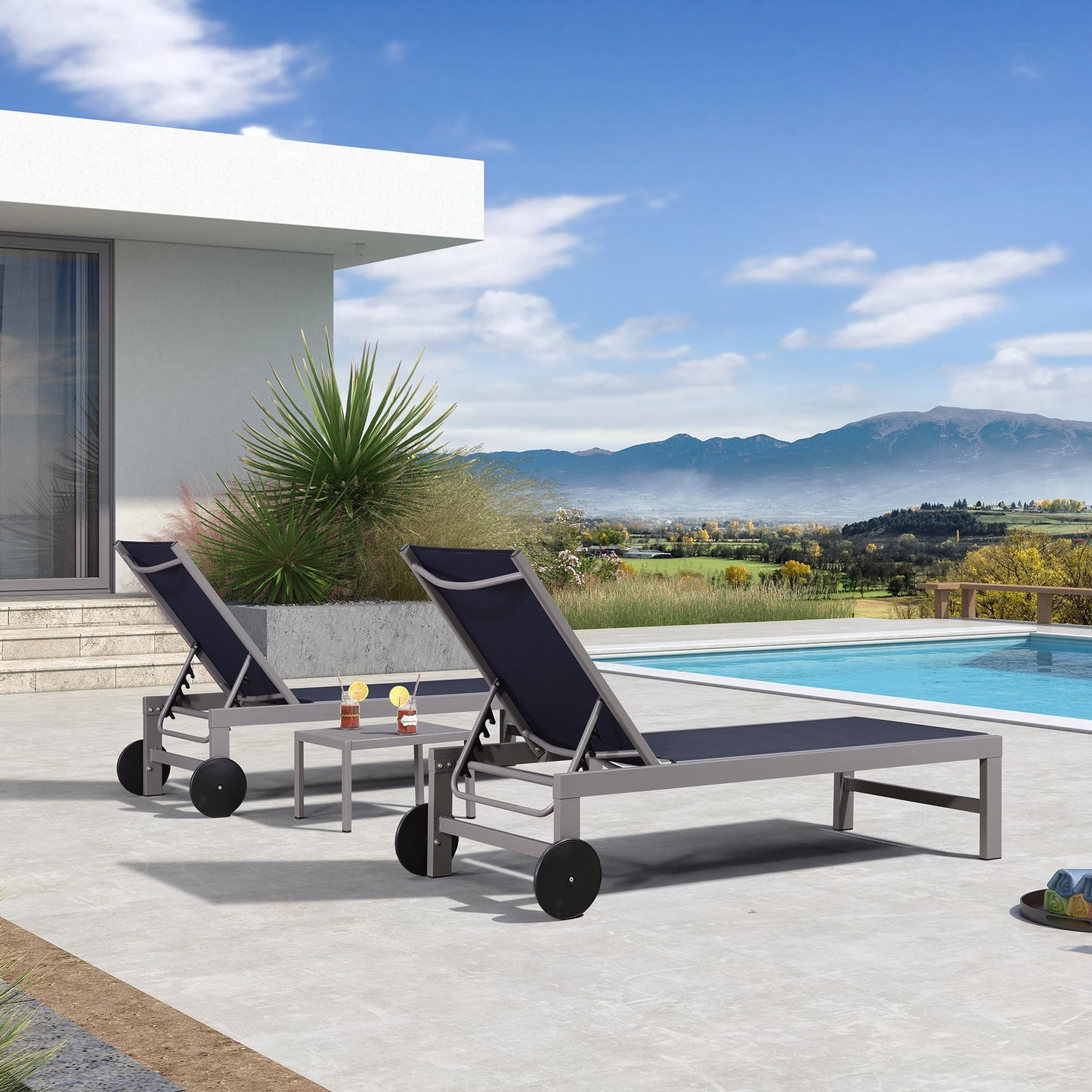 PURPLE LEAF Outdoor Lounge Chair Set for 2 Patio Chaise Lounger with Aluminum Frame and Easy-to-Move Wheels All-Weather Pool Lounge Chairs for Outside Garden Yard Poolside Table Included, Navy Blue