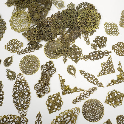 Mililanyo 120 Pieces Antique Bronze Filigree Charms Mixed Tibetan Metal Pendant Links Iron On for Jewelry Making Choker Earring DIY Accessories
