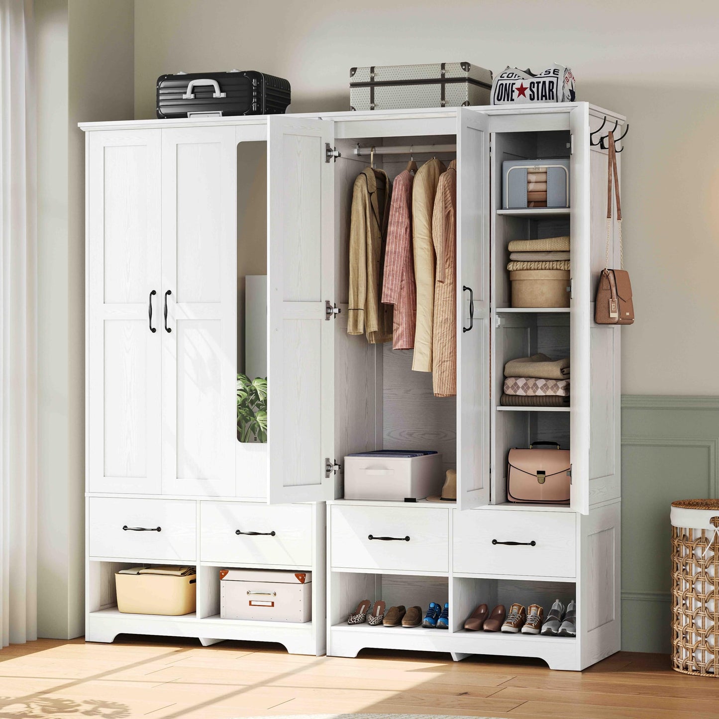 LIKIMIO 3 Doors Armoire Wardrobe Closet with Mirror, 2 Shoe Racks, 70" H Wooden Bedroom Armoires with 2 Drawers and Adjustable Shelves, Freestanding Closet Storage Cabinet with Hanging Rail, White