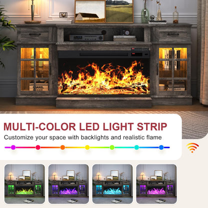 MXV 70" Fireplace TV Stand, 3-Sided Glass Fireplace and Modern Entertainment Center, Wooden Media Console with Glass Doors & Storage Drawers, LED Light, for Living Room, Grey