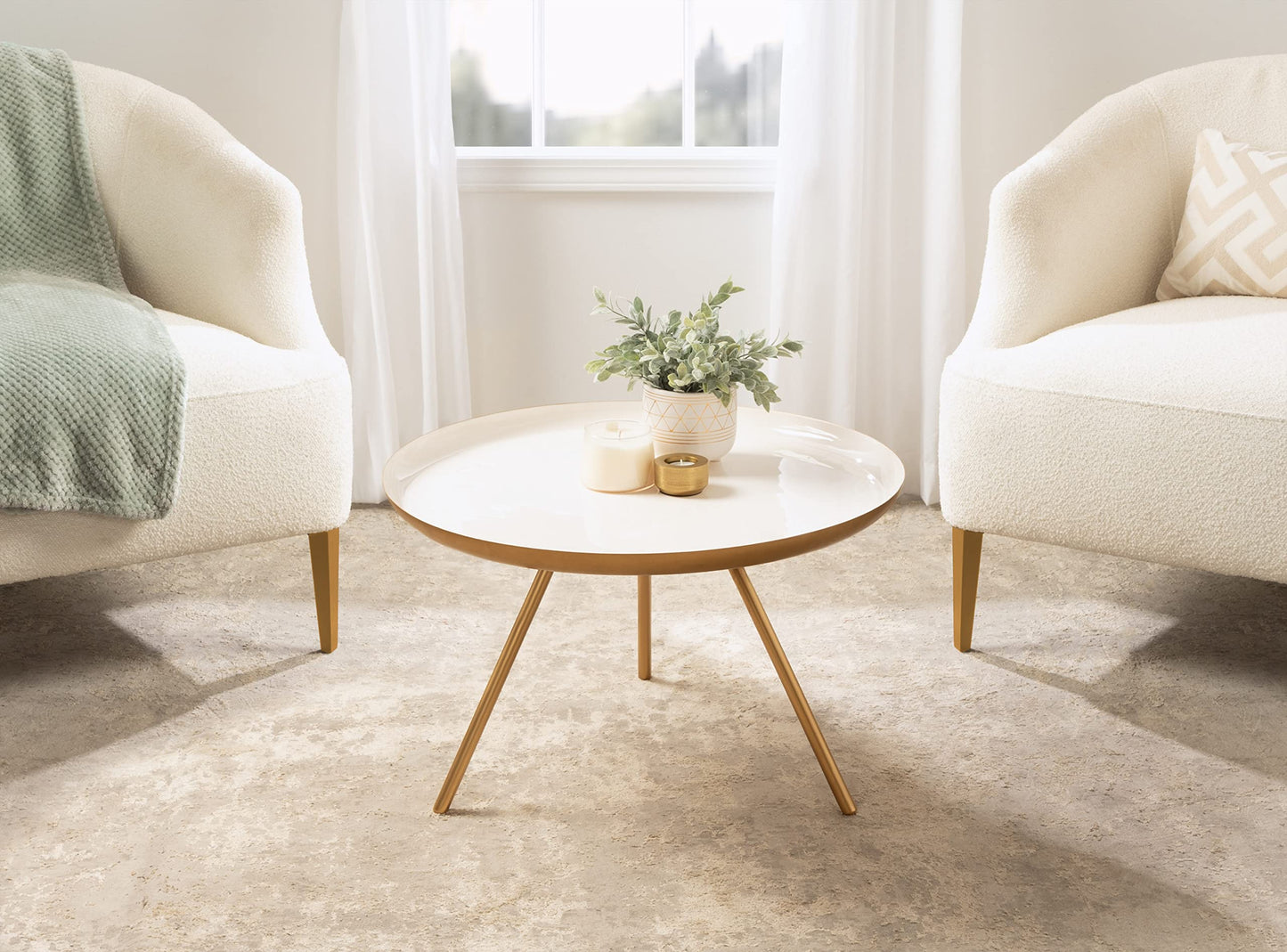 Kate and Laurel Laranya Modern Metal Coffee Table; 25 Inch Diameter; Gold and White; Decorative Round Coffee Table for Display and Storage