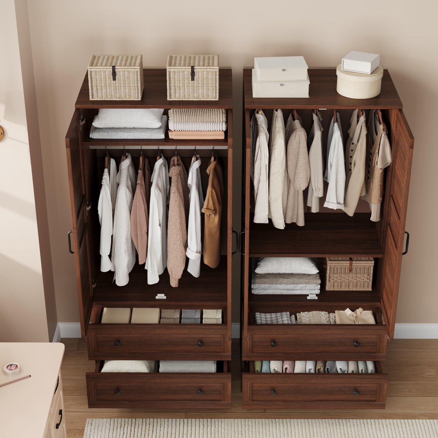 GarveeHome Armoire Wardrobe Closet with 2 Drawers,72 in Wooden Wardrobe Cabinet with Hanging Rod, Tall Clothing Armoire Cabinet with Doors and 18 Adjustable Shelves for Bedroom, Clothes,Walunt Brown