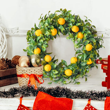 Mr. Bom 15 Inch Artificial Lemon Wreath - Boxwood for Front Door, Spring Summer Holiday Decoration, Indoor Outdoor Use