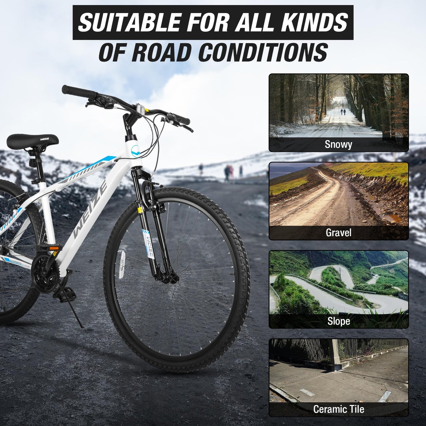 WEIZE Hardtail Mountain Bike, 29 Inch Wheels Outdoor Cycling Bike, 21-Speed Trigger Shifter, Aluminum Frame for Women and Men, Comfort Saddle, MTB Bicycle with Suspension Fork, White