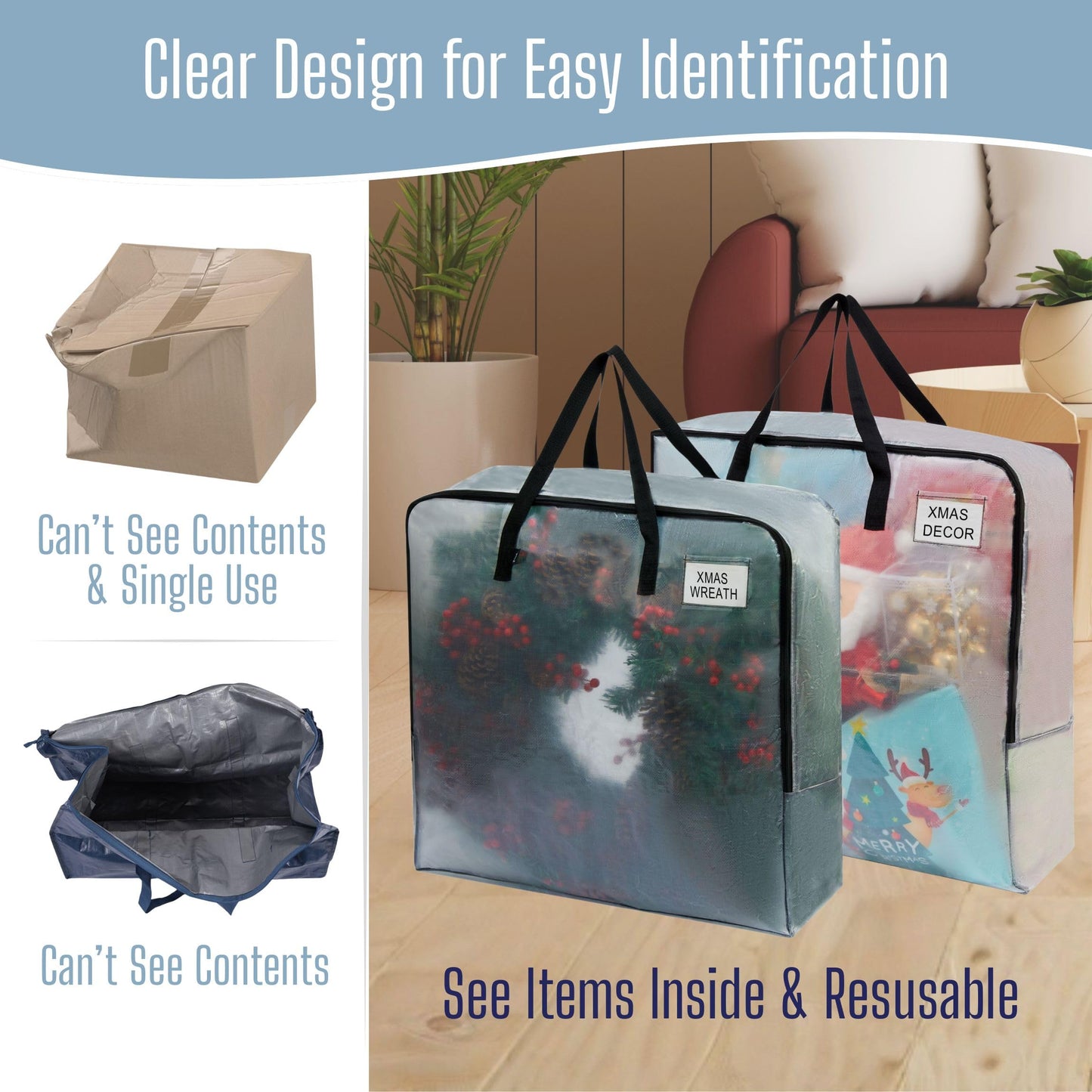 VENO 4 Pack Clear Moving Bags, Fits 30" Wreath & Storage Totes, Heavy Duty Packing Bags with Handles for Clothes & Bedding