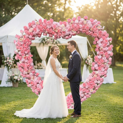 Giant Heart Shaped Flower Arch Backdrop - 6.6ft Tall Artificial Rose Flower Stand for Wedding, Engagement, Birthday Party Decor (Pink/Red/White, Full Bloom)
