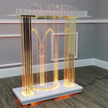 CAMBOS Lectern Podium Stand, Clear Podium Stand Clear Acrylic Podium with Rollers LED Lighted Podium Stand Classroom Decoration for Company Dining Table Furniture School