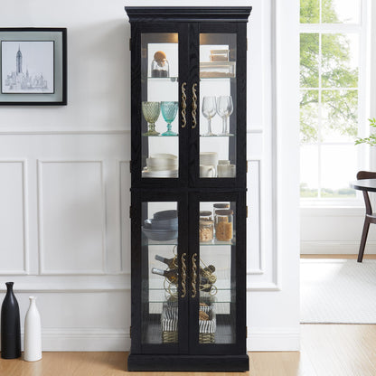 Elountik Lighted Curio Display Cabinet, Glass Storage with Wood Frame, Built-in Lighting for Living Room, Kitchen, Pantry, Ideal for Wine, Toys, Collectibles - Black
