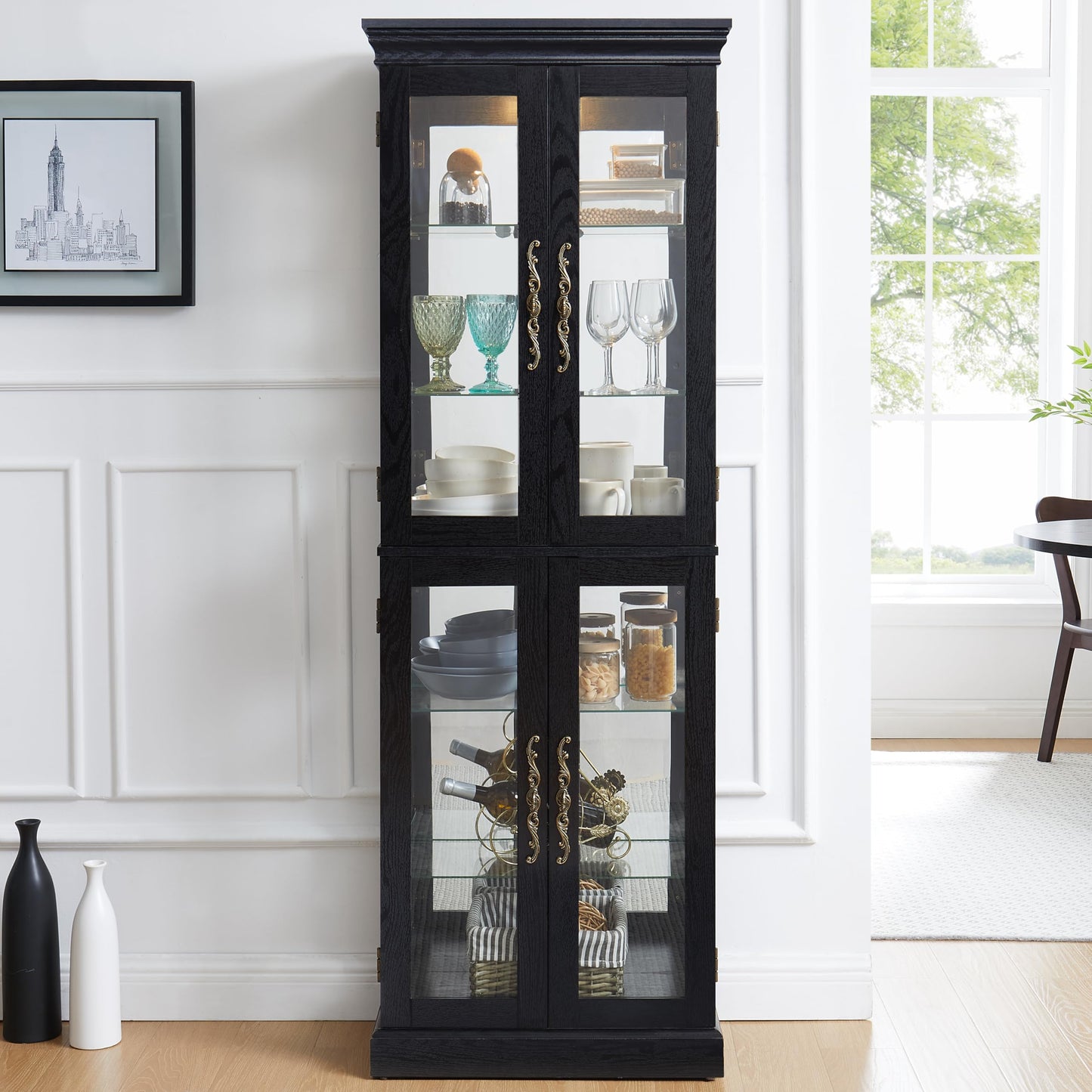 Elegant Lighted Glass Curio Display Cabinet Wooden Frame Storage for Living Room, Kitchen Includes Light Bulb Ideal for Wine, Toys Collectibles Black