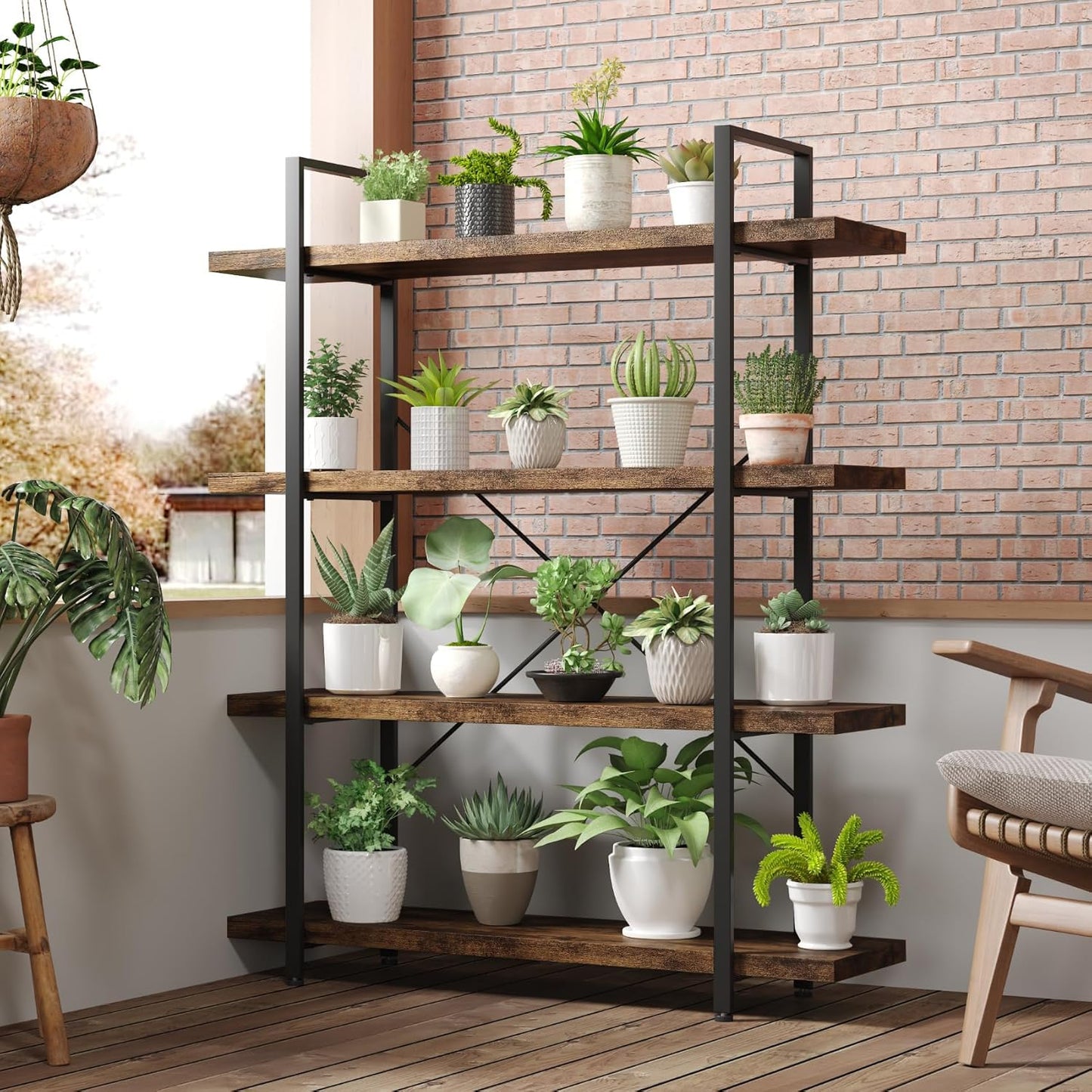 OtterOasis Bookshelf Set, Heavy Duty 4-Tier Industrial Bookcase, 47" Wide Wood Bookshelf for Home Office, 120lbs Shelf Capacity, Rustic Open Display with Horizontal Shelf for Living Room Bedroom