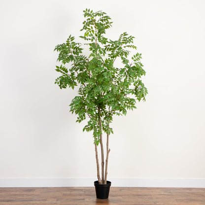 Nearly Natural 8ft Artificial Sumac Tree - Lifelike Green Leaves, Flexible Branches, Premium Craftsmanship, Includes Nursery Planter