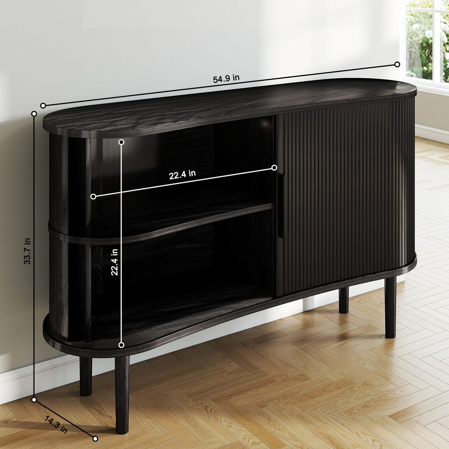 AraSyleon Mid-Century Modern Buffet Cabinet with Fluted Tambour Sliding Doors, 55'' Sideboard with 4 cabinets, Ample Storage for Dining Room & Living Room, Walnut Finish, Black