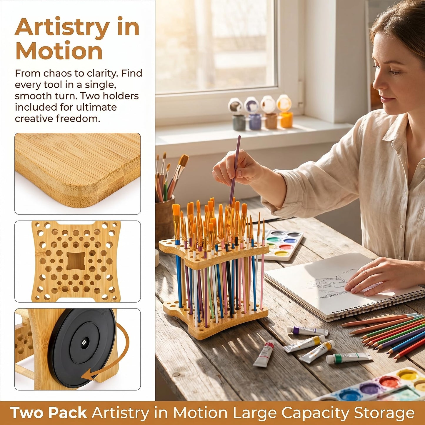 Cedilis 2 Pack Rotating Paint Brush Holder, 59 Holes Bamboo Paintbrush Holder Organizer for Pen, Pencil, Watercolor Brushes, Artist, No Assembly Required