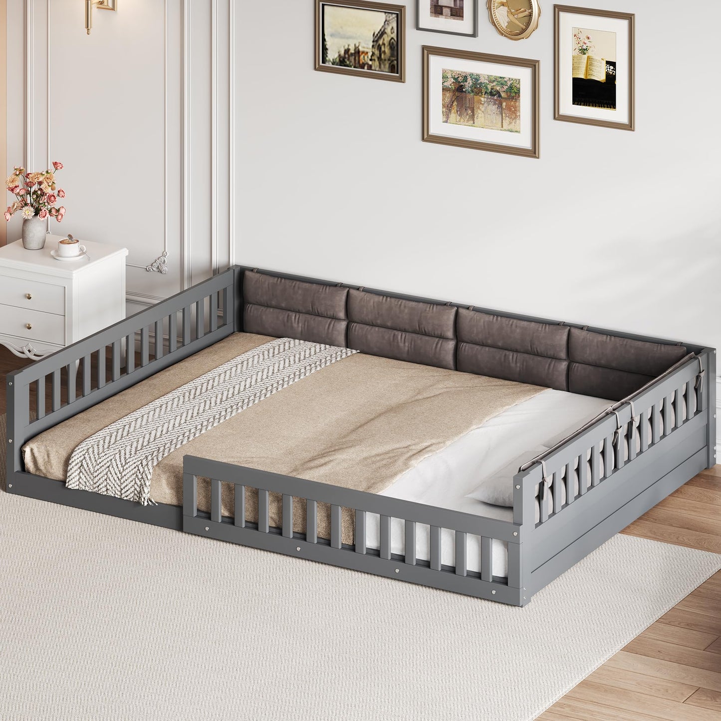 Merax Full Size Upholstered Platform Bed with Guardrail & Pillow, Solid Pine Wood Bed Frame, No Box Spring Needed, 600 lbs Capacity Safety Guaranteed Easy to Assemble for Bedroom, Gray