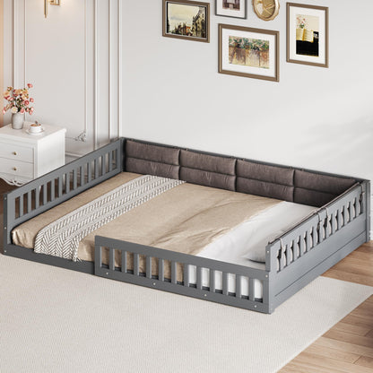 Merax Full Size Upholstered Platform Bed with Guardrail & Pillow, Solid Pine Wood Bed Frame, No Box Spring Needed, 600 lbs Capacity Safety Guaranteed Easy to Assemble for Bedroom, Gray