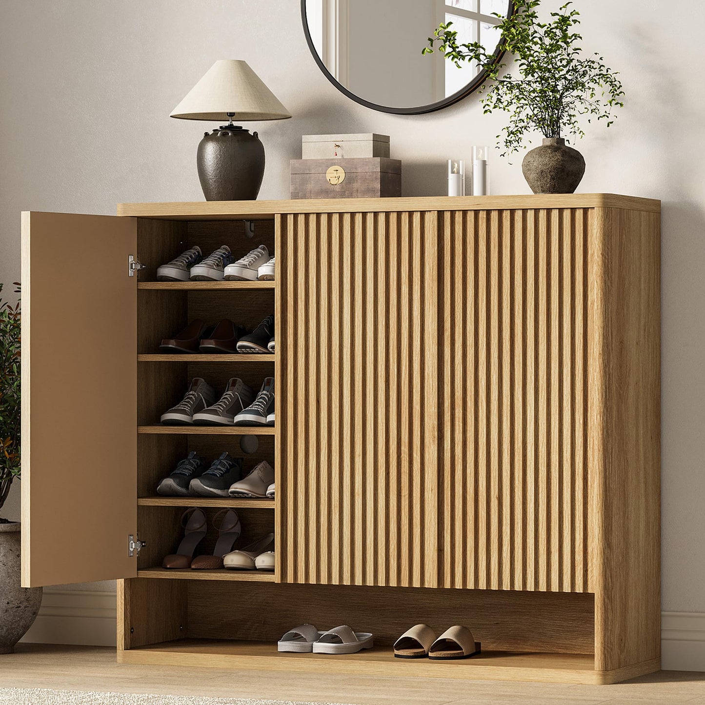 Garvee 46 Inch Shoe Cabinet, Large Shoe Storage Cabinet with Adjustable Shelves, Wooden Shoe Organizer with Fluted Door Holds 30-35 Pairs for Entryway & Living Room, Natural Wood