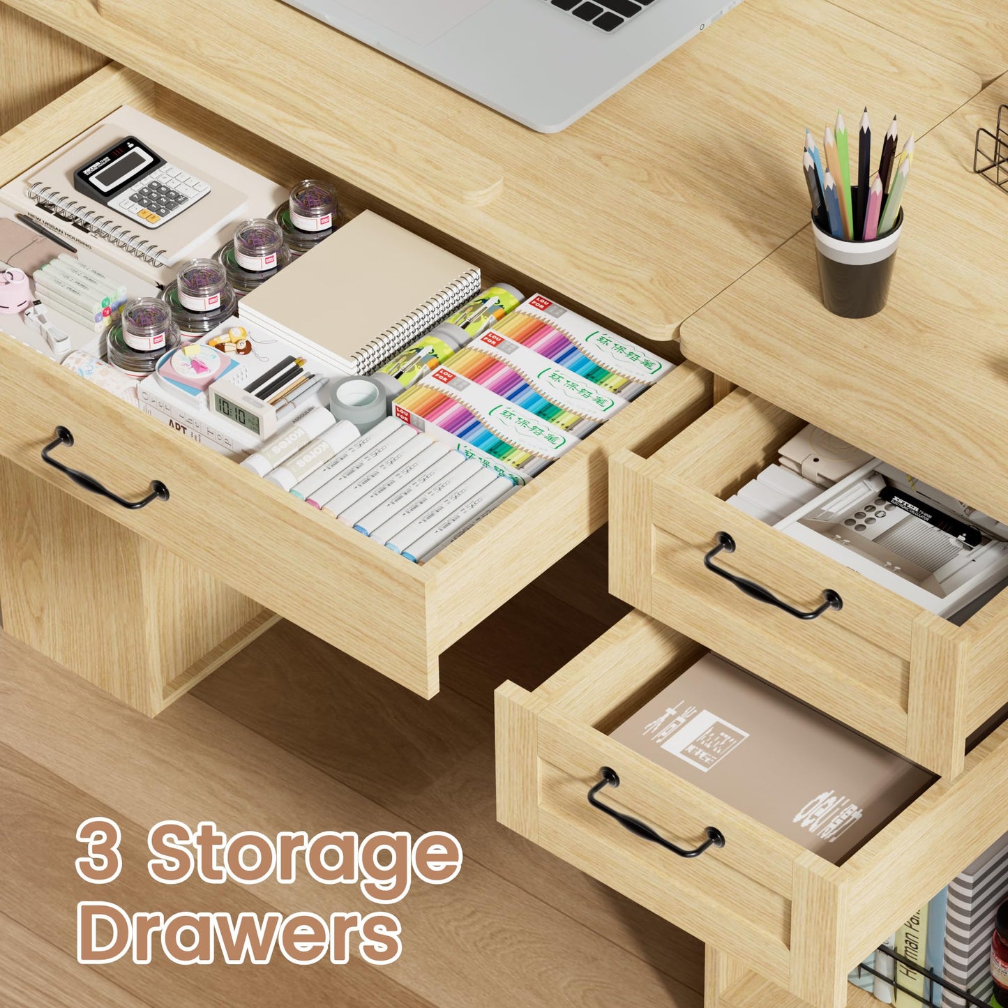 GatherHome Drafting Table with Storage Cabinet & Drawers, Adjustable Drawing Table with Open Shelves, Craft Art Desk for Artists, Painters, Drawing, Crafting, Reading, Writing, Working