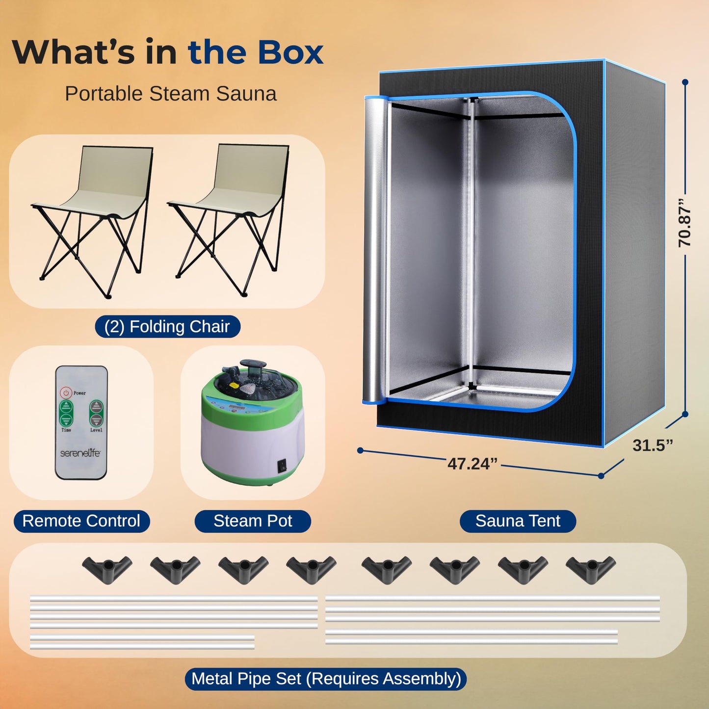 SereneLife Portable Sauna for Home, 2-Person Steam Sauna Tent with 4L Steamer, 2 Foldable Sauna Chairs, Remote Control for in-Home Spa Rejuvenation, 71"x47" (Black)