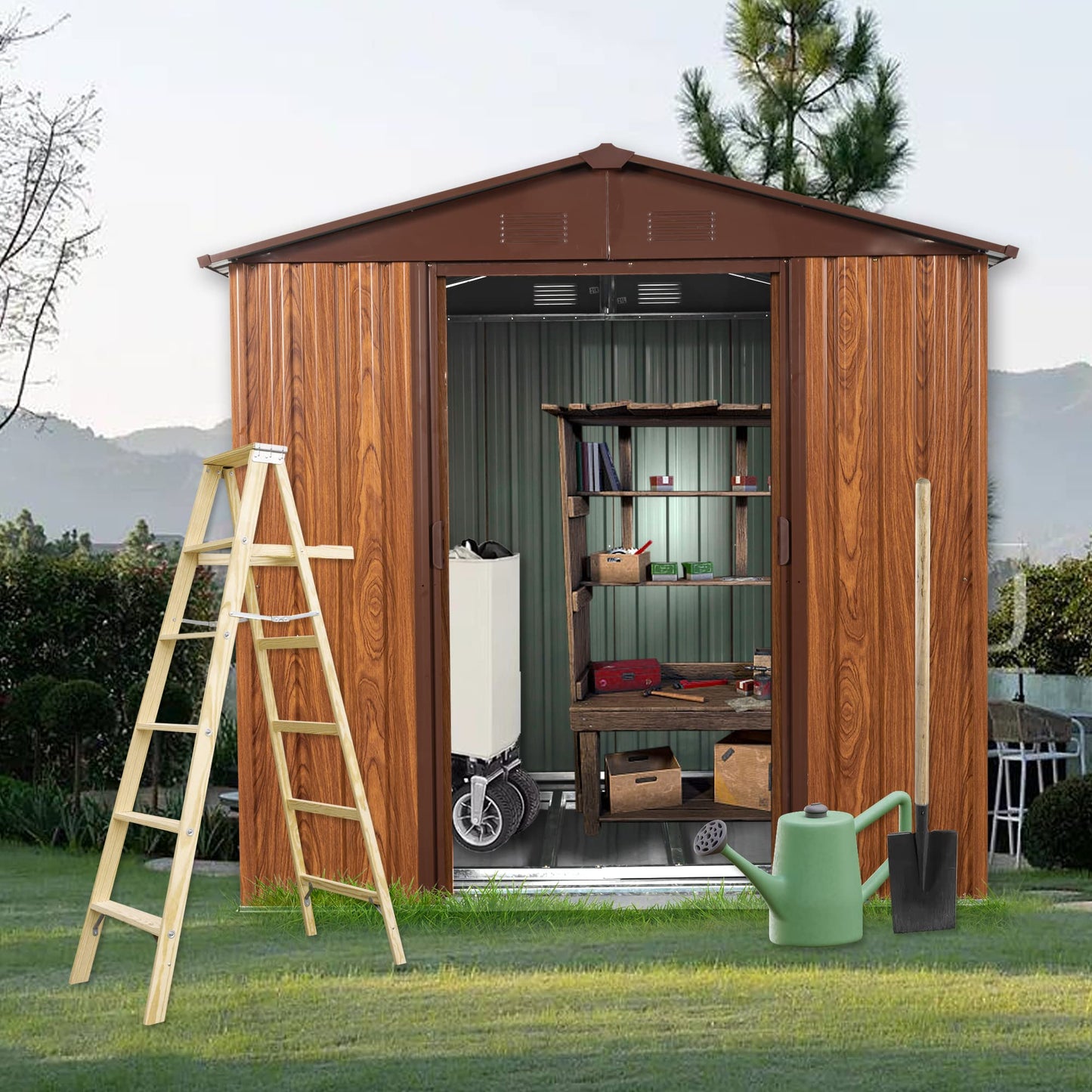 6 x 6 Ft Outdoor Metal Storage Shed with Woodgrain & Side Window, Accent Garden Shed w/Air Vents, Floor Base and Lockable Sliding Doors, Utility Tool Storage House for Backyard Lawn,Brown