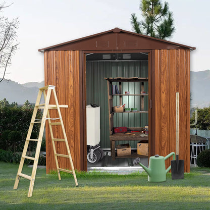 6 x 6 Ft Outdoor Metal Storage Shed with Woodgrain & Side Window, Accent Garden Shed w/Air Vents, Floor Base and Lockable Sliding Doors, Utility Tool Storage House for Backyard Lawn,Brown