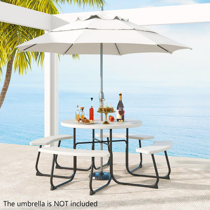 HAPPYGRILL 8-Person Picnic Table Bench Set with Umbrella Hole, 43” Outdoor Dining Table w/4 Benches, Wood-Like Texture Tabletop, Stable U-Shaped Base, Round Table for Backyards, White