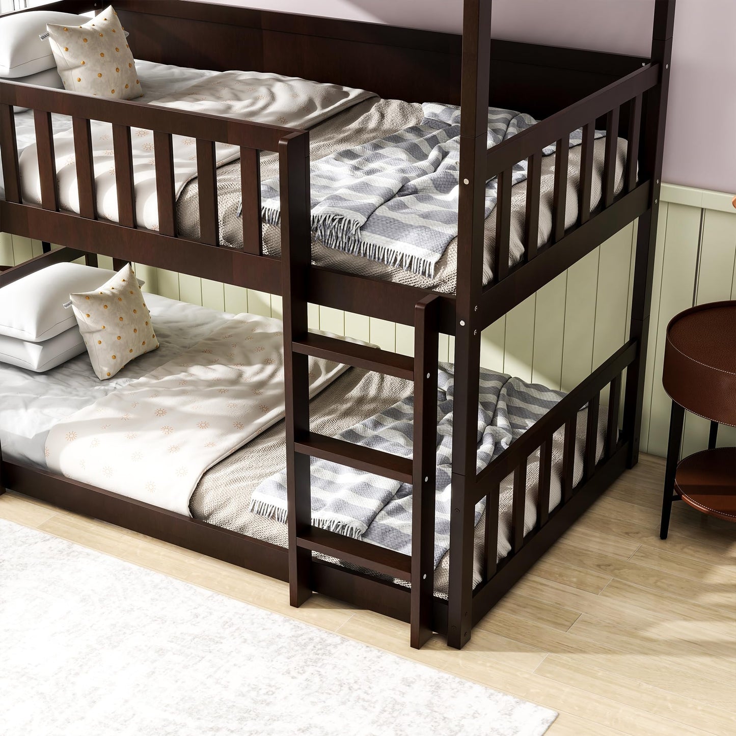 KEIKI Twin Over Twin Over Twin Triple Bunk Bed, Solid Rubber Wood Detachable 3-in-1 Bed Frame with Ladders & Full Guardrails, Space-Saving Boys & Girls Bed for Family & Sleepovers, Espresso