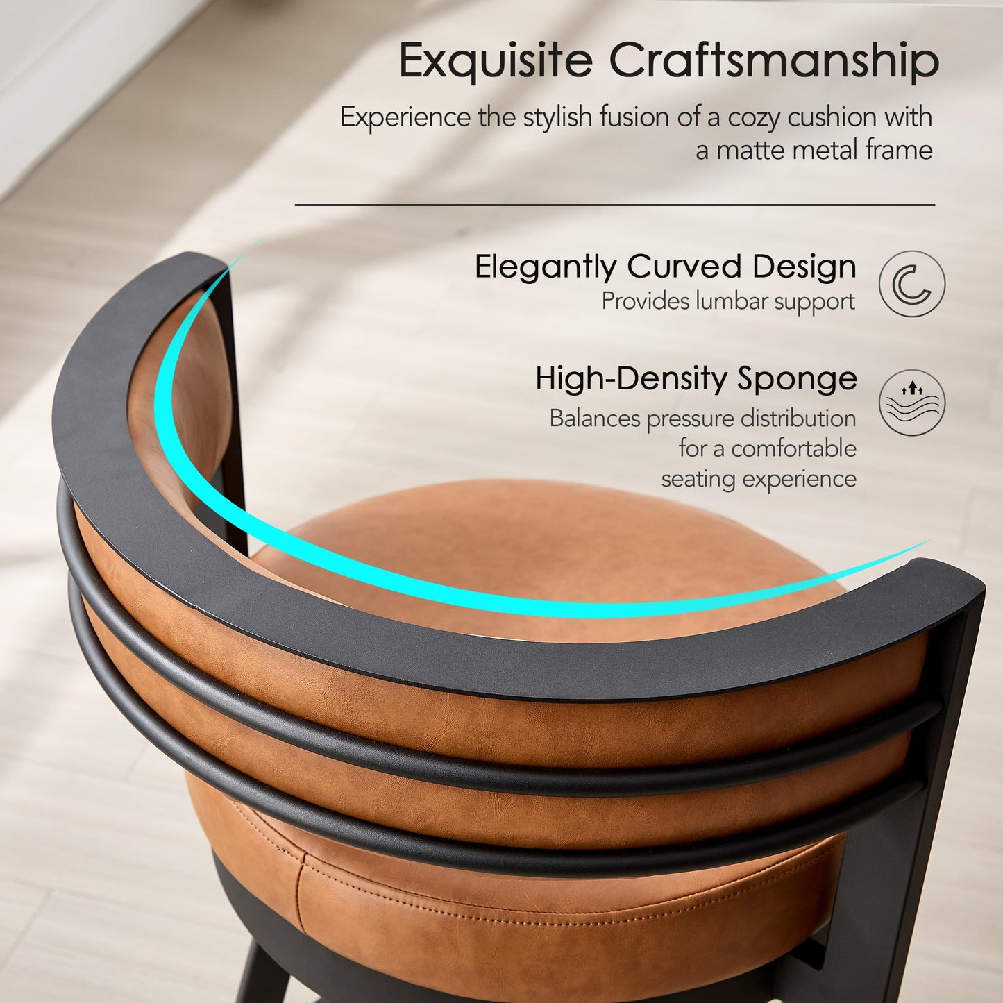 ONEVOG Swivel Counter Bar Stools Set of 2, 26.6 inch Seat Height Modern Barstools with Back and Metal Legs, Upholstered Funky Kitchen Island Chairs for 36"-40" Counters, Faux Leather Padded, Brown