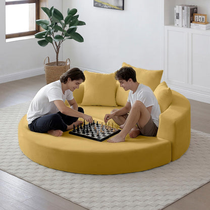 UOCFYK Folding Sofa Bed, Corduroy Circular Boneless Couch, No Assembly Convertible Sleeper Sofa with 3 Pillow, Comfy Futon Sofa Bed for Apartment, Office, Bedroom, Living Room, Yellow
