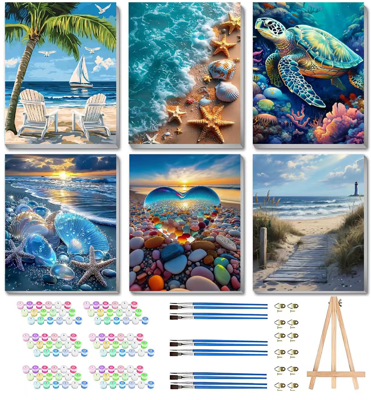6 Pack Paint by Numbers Kits with Framed for Adults Beginners, Beach Paint by Number Kits on Canvas with Wooden Easel, DIY Acrylic Oil Painting Kits with Brushes for Home Wall Decor (8x12 inch)