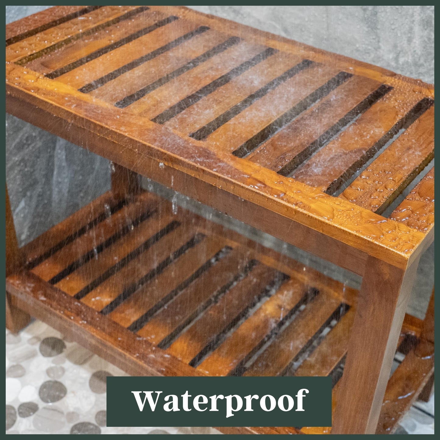 The Teaky Hut Teak Shower Bench 30 Inch – Fully Assembled Wooden Bench with Shelf, Water-Resistant, Non-Slip Adjustable Feet – Indoor Spa, Garden, or Bathroom Use