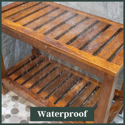 The Teaky Hut Teak Shower Bench 30 Inch – Fully Assembled Wooden Bench with Shelf, Water-Resistant, Non-Slip Adjustable Feet – Indoor Spa, Garden, or Bathroom Use